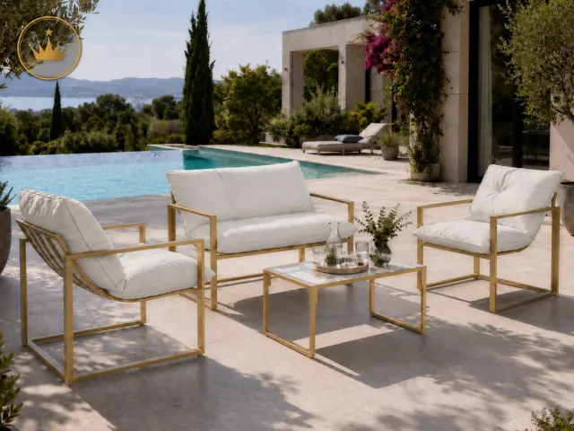 Outsunny 4-delige tuinset met extra dikke kussens van 15 cm, een 2-zitsbank met salontafel en 2 kaki fauteuils. goud