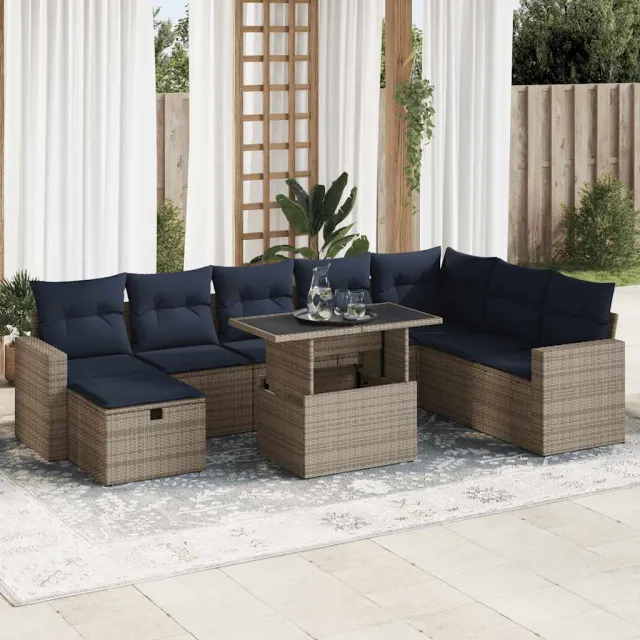 vidaXL 9-delige Loungeset met kussens poly rattan grijs, foto 2