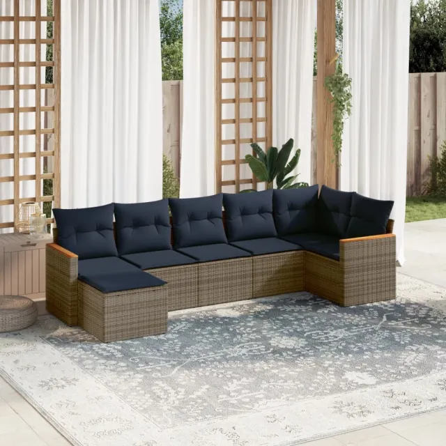 vidaXL 7-delige Loungeset met kussens poly rattan grijs, foto 2