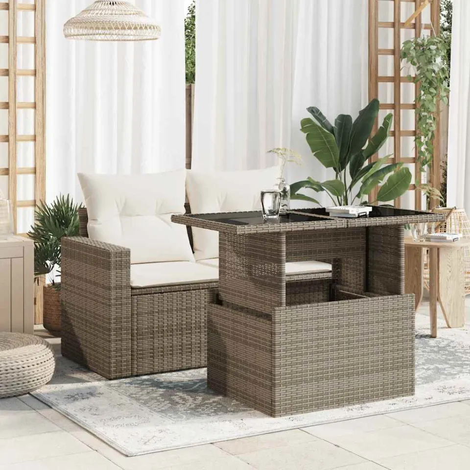 vidaXL Tuintafel met glazen blad 100x55x73 cm poly rattan grijs, foto 2