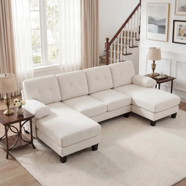 MIVRAY U-Bank 268 x 128 x 84 Cm - Verstelbare Rugleuning Met Dubbele Chaise Longue - Woonkamer En Kantoor - Chenille Beige