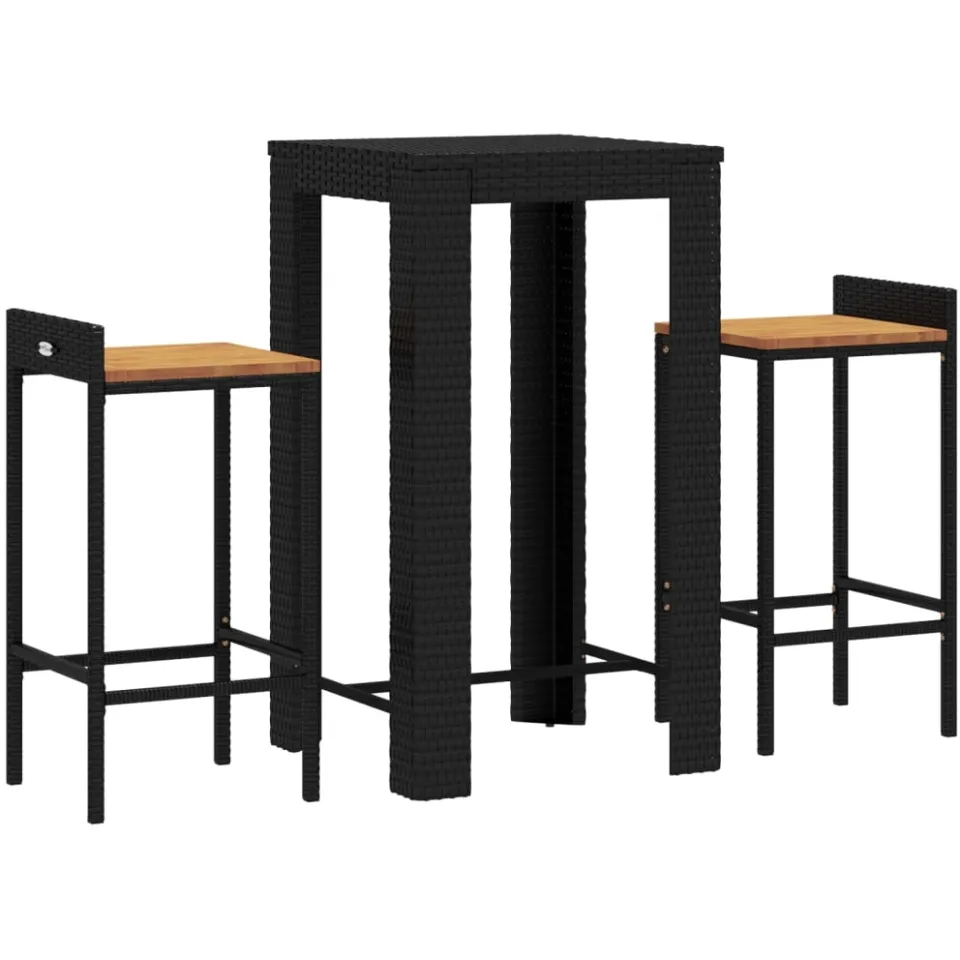 vidaXL 3-delige Tuinbarset poly rattan en massief acaciahout zwart