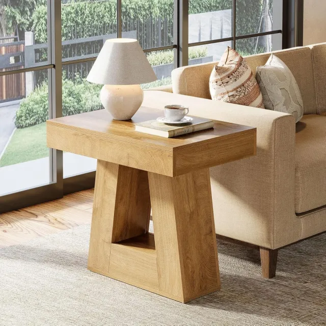 Tribesigns Bijzettafel - Moderne Bijzettafel met 2 Niveaus en Trapeziumvormige Voet - Sidetable - 60 cm Kleine Nachtkastje in landhuisstijl voor Woonkamer, Slaapkamer - 60×30×60 cm - Natuurlijke Houtkleur
