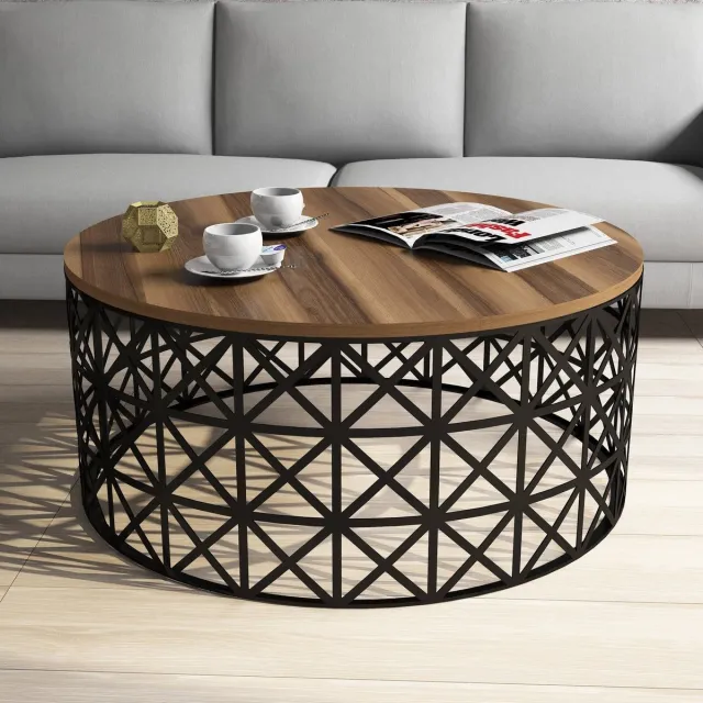 Skye Decor , Salontafel, Selin Metal Ferforje - Walnut, Gemelamineerde spaanplaat, Walnoot & Zwart, 90 x 38 x 90 cm Bruin