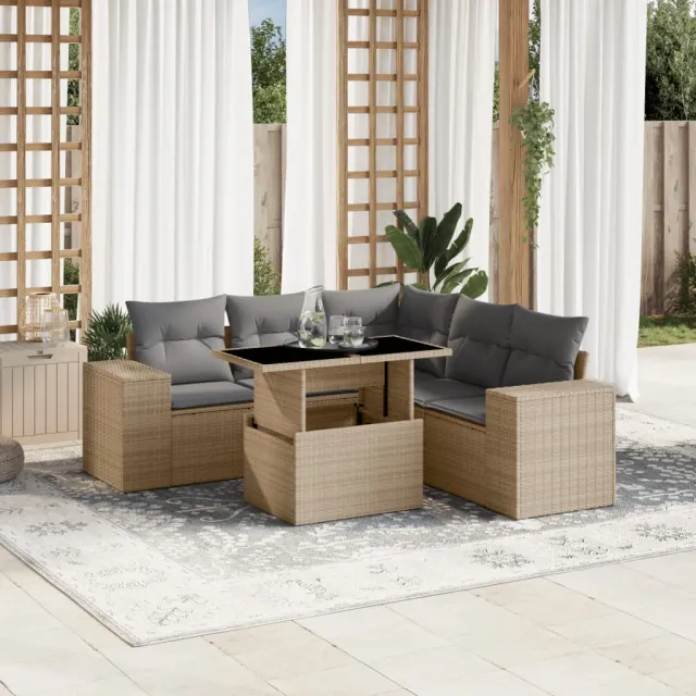 vidaXL 6-delige Loungeset met kussens poly rattan beige, foto 2