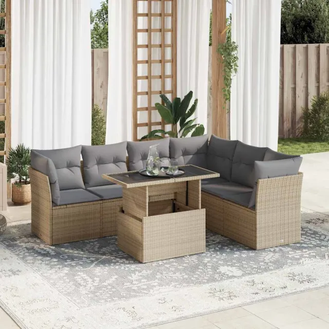 vidaXL 7-delige Loungeset met kussens poly rattan beige, foto 2