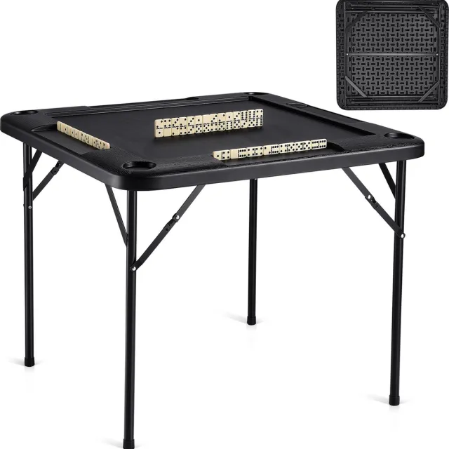 Vevor Mahjongtafel, Opvouwbare Kaartentafel voor 4 Spelers met 4 Bekerhouders en 4 Chipcompartimenten, Draagbare Dominospeltafel met 1 Set Dominostenen voor Mahjong en Poke-puzzels zwart