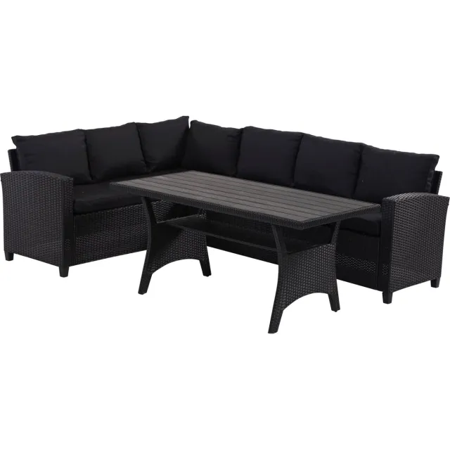 Goedvoormekaar Rotan Loungeset Zwart 6 pers Eettafel Kussens weerbestendige hoeklounge