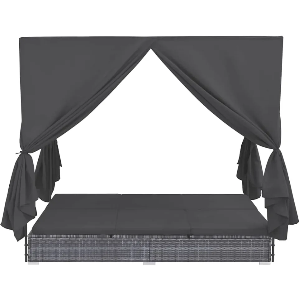 vidaXL Loungebed met gordijnen poly rattan grijs