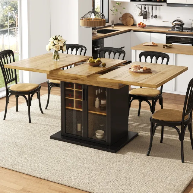 Wishdor Eettafel - Uitschuifbaar en ruimtebesparend - Met wijnopslag en softclose - Modern - Woonkamer keuken eetkamer - MDF en metaal - Zwart - 140 x 80 x 76 cm