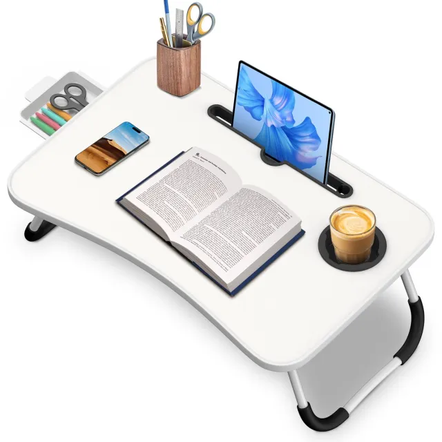 Arvioo ‑Opvouwbaar‑laptoptafel‑wit‑met‑tablethouder‑bekerhouder‑lade
