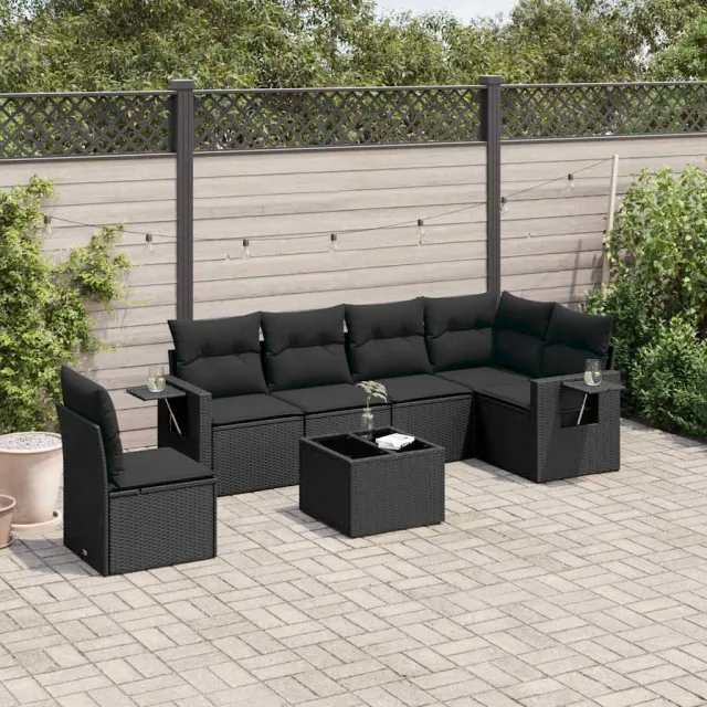 vidaXL 7-delige Loungeset met kussens poly rattan zwart, foto 2