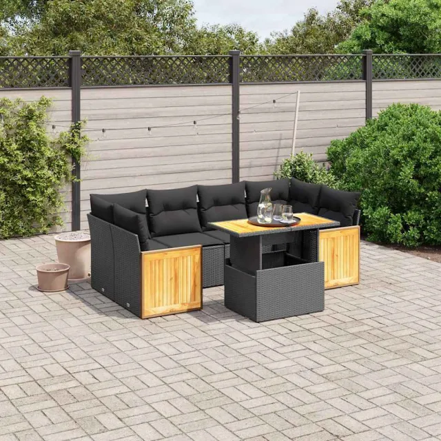 vidaXL 7-delige Loungeset met kussens poly rattan zwart, foto 2
