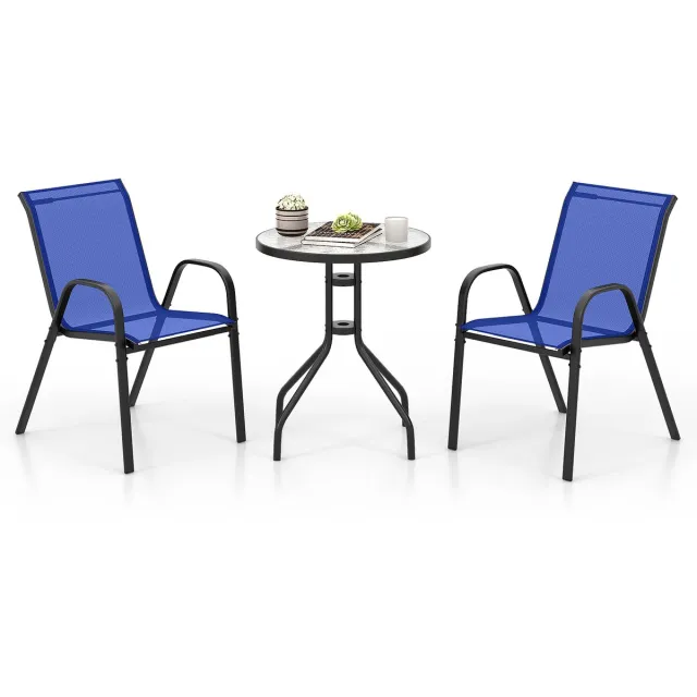 Costway 3-delige balkonmeubelset, bistrotafel met 2 stapelbare stoelen, bistroset, balkonset, tuingereedschap, tuinmeubelen, zitgroep voor tuin, balkon (blauw)