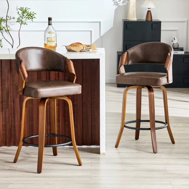 OKWISH Barkruk - Set Van 2 Met Rugleuning En Voetsteun - 95 Cm Hoog Voor Bar Of Keukeneiland - Hout En Kunstleer - Bruin Brown