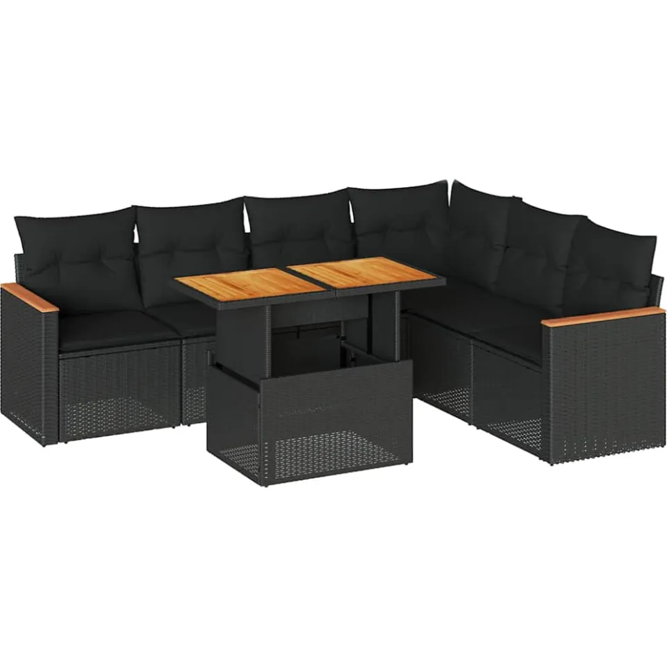 vidaXL 7-delige Loungeset met kussens poly rattan acacia zwart, foto 3