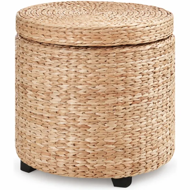 Zenzee Poef met Opbergruimte - Hocker - Bijzettafel - Opbergpoef - Opbergbox - Met Deksel - 43x43 cm - Rond Rotan natuurlijk