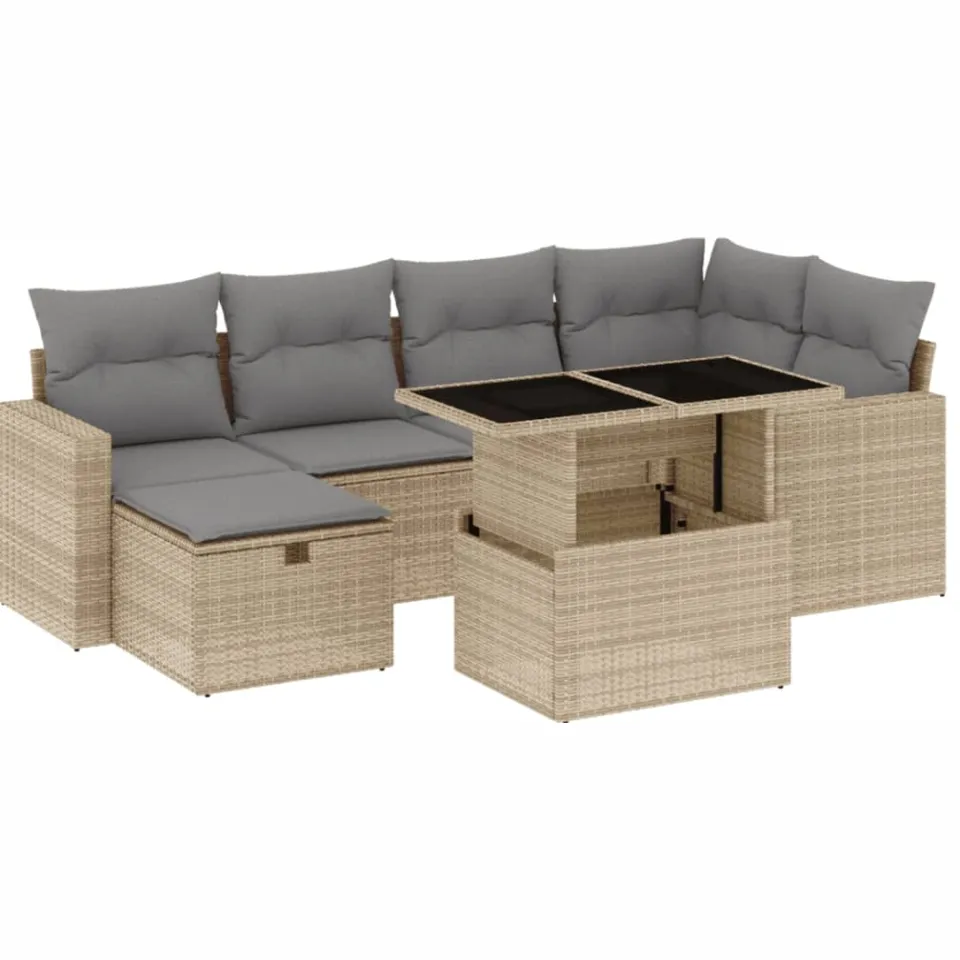 vidaXL 7-delige Loungeset met kussens poly rattan beige, foto 3