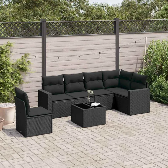 vidaXL 7-delige Loungeset met kussens poly rattan zwart, foto 2