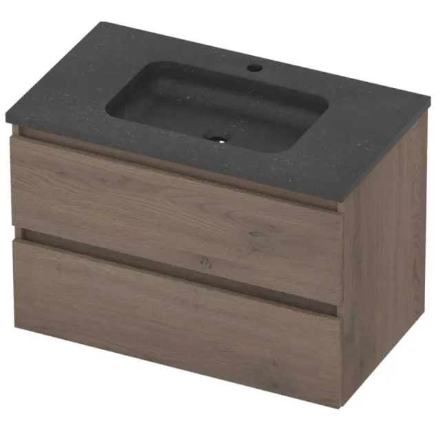 Basic-Line Rocky 46 Badmeubelset Hardsteen 1 Kraangat Greeploos 80x46x54 cm Dusk Oak Blue Stone Grijs
