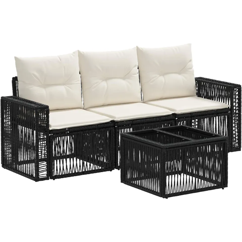 vidaXL Tuinbankenset 4 st 3-zits Zwart en Cream Wit poly rattan, foto 3