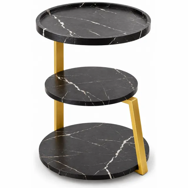 Levano Bijzettafel Zwart Goud - Sidetable - Bijzettafeltjes Woonkamer Zwart - Bijzet Tafeltje - Tafeltje voor bij de Bank - Zijtafel - Rond Bijzettafeltje - Sidetable Goud - Bijzettafel Marmerlook - Bijzet Tafel Slaapkamer Zwart;Goud