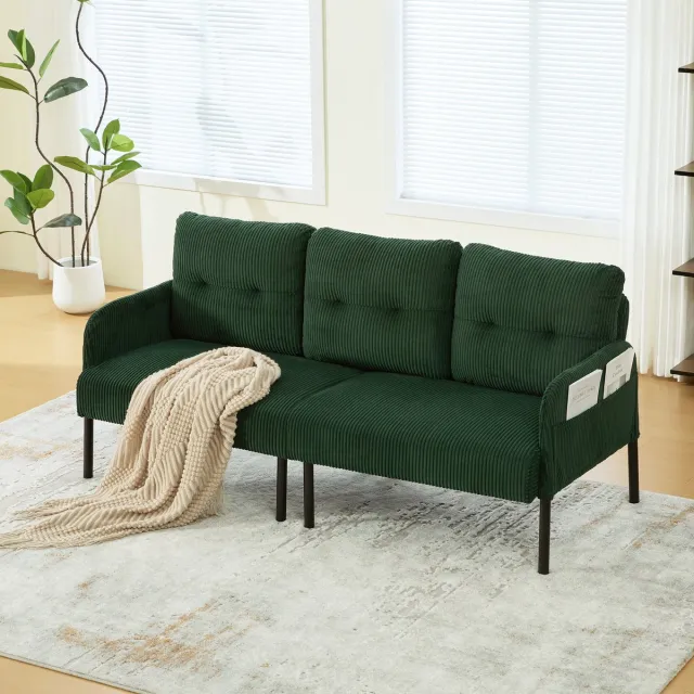 MIVRAY Zitbank 171 x 72 x 80 cm - 3-Zits Met Zijvak En Hoge Rugleuning - Voor Woonkamer En Slaapkamer - Cord Emerald