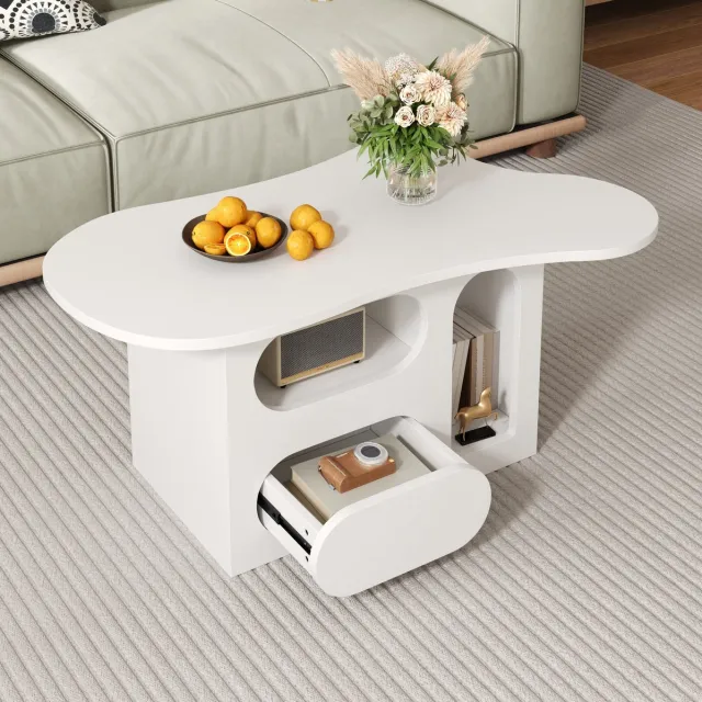 MEUNIQ Salontafel wolkenvorm 97 x 45 x 43,5 cm met gebogen lades, open opbergvakken en afgeronde randen voor woonkamer, wit