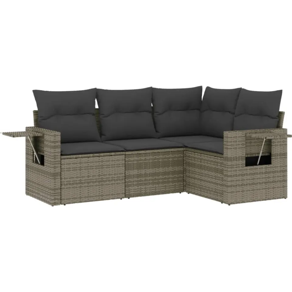 vidaXL 4-delige Loungeset met kussens poly rattan grijs, foto 3