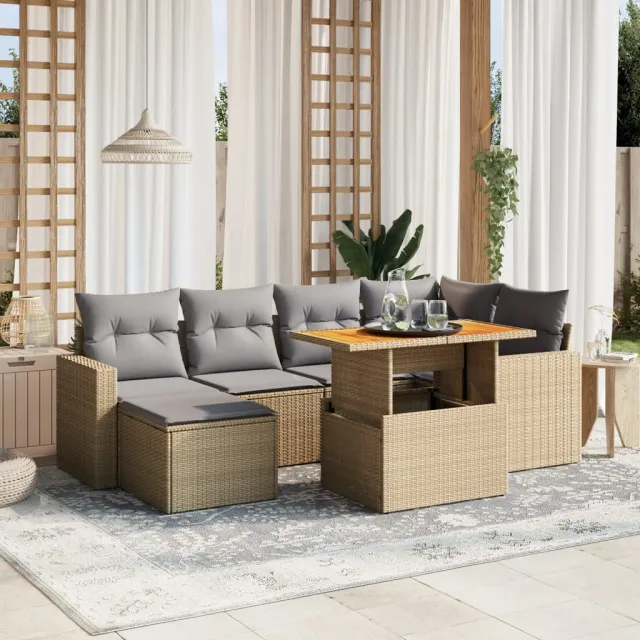 vidaXL 7-delige Loungeset met kussens poly rattan beige, foto 2