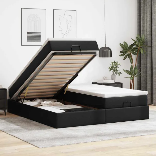 vidaXL Ottoman bed met matrassen 200x200cm kunstleer zwart