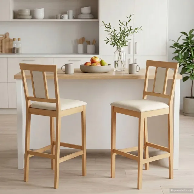 vidaXL Barkruk 2 st Naturel en Beige Massief Rubberhout en Stof, foto 2