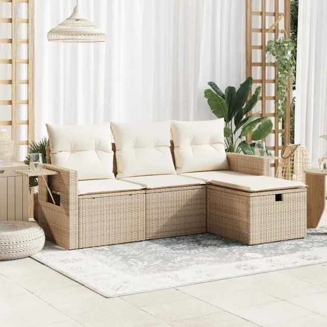 vidaXL 4-delige Loungeset met kussens poly rattan beige, foto 2