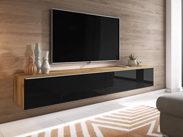 Mobistoxx TV-meubel DUBAI 2 klapdeuren 180 cm eik wotan/hoogglans zwart met verlichting
