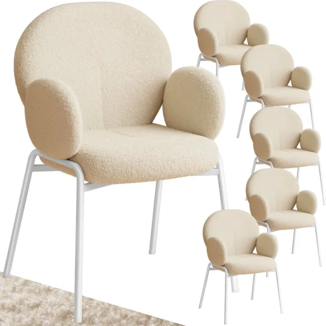 Tectake Eetkamerstoelen met Armleuning - Set van 6 - Scandi Stoel - Eetkamerstoel - Stoelen voor Eetkamer en Eettafel - Keukenstoelen - Bekleding van Bouclé Teddystof - Klassiek - Crème Creme