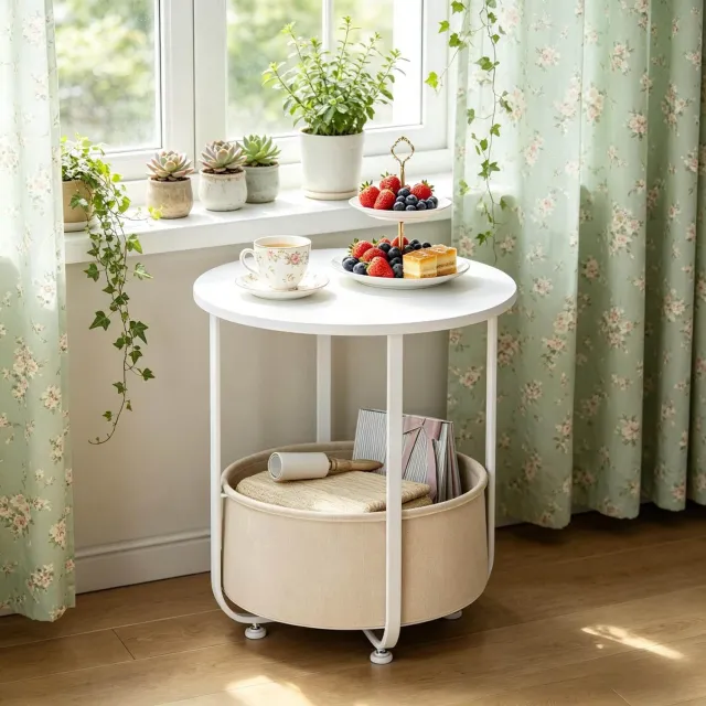 WUVRIE Ronde bijzettafel Ø45 cm - Met afneembare opbergmand - Wit