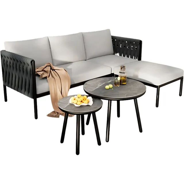 Happiq Tuinmeubelset - Loungeset - Tuinlounge Lounge Set - Voor Tuin, Zwembad of Terras - Sofa, 2 Salontafels & Voetkruk - Dik Touw & Marmeren Tafel Grijs