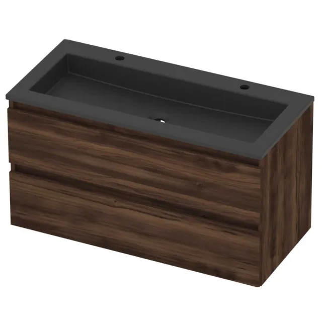Basic-Line Aura 46 Badmeubelset Acryl 2 Kraangaten Greeploos 100x46x54 cm Barist Oak Mat Zwart