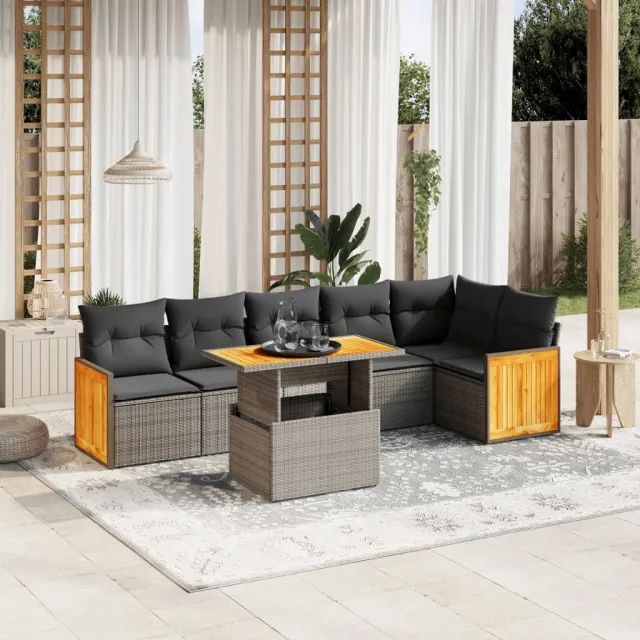 vidaXL 7-delige Loungeset met kussens poly rattan grijs, foto 2