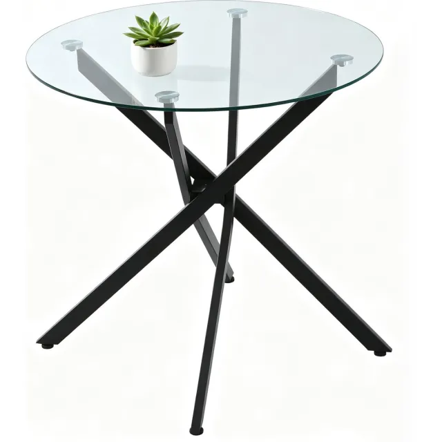 sogiol Ronde Eettafel met Gehard Glazen Blad - Ø 80 x 75 cm - Moderne Keukentafel met Metalen Kruispoten - Transparant en Zwart