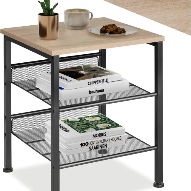 Tectake Bijzettafel met 1 plank en 2 roosterplanken - Nachtkastje in industrieel design - Voor woonkamer, slaapkamer, kantoor, hal - Eenvoudige montage - Zwart metalen frame - Afmeting (LxBxH) 40,5 x 40 x 50,5 cm - Lichtbruin Lichtbruin - Eiken Sonoma