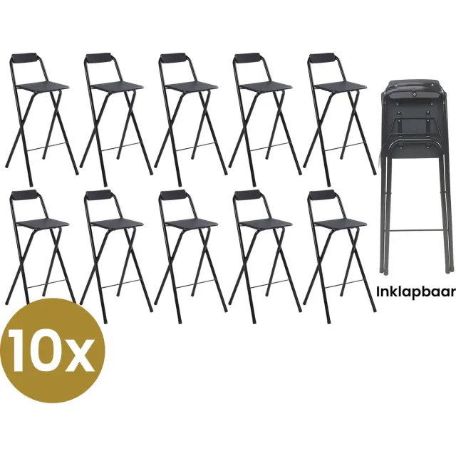 Alora Inklapbare Barkruk - Per 10 - Barkrukken Met Rugleuning - Opvouwbare Barkrukken Set Van 10 - Opklapbaar - Zwart - Outdoor - Barstoel - Klapstoel - Inklapbaar - Met Voetsteun - Camping - Barkruk Buiten