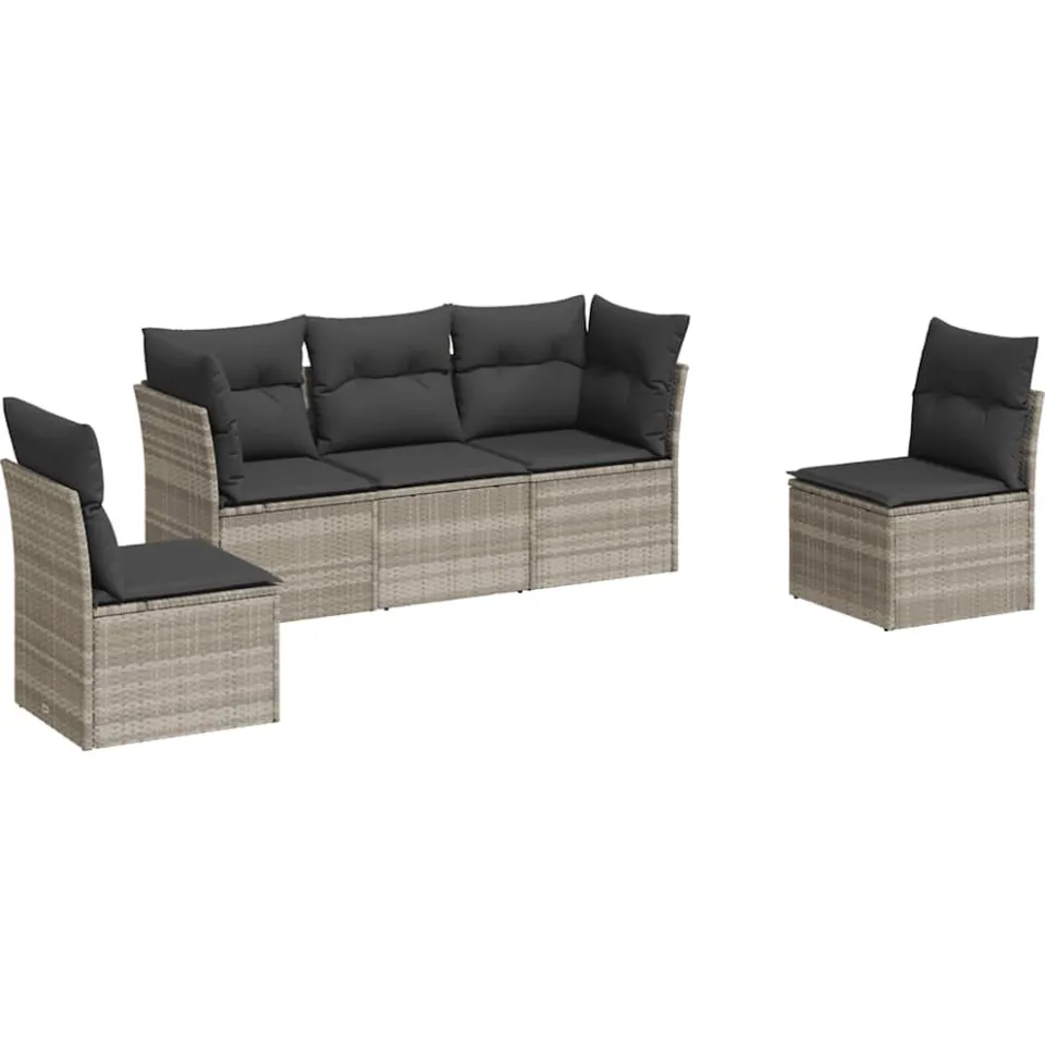 vidaXL 5-delige Loungeset met kussens poly rattan lichtgrijs grijs