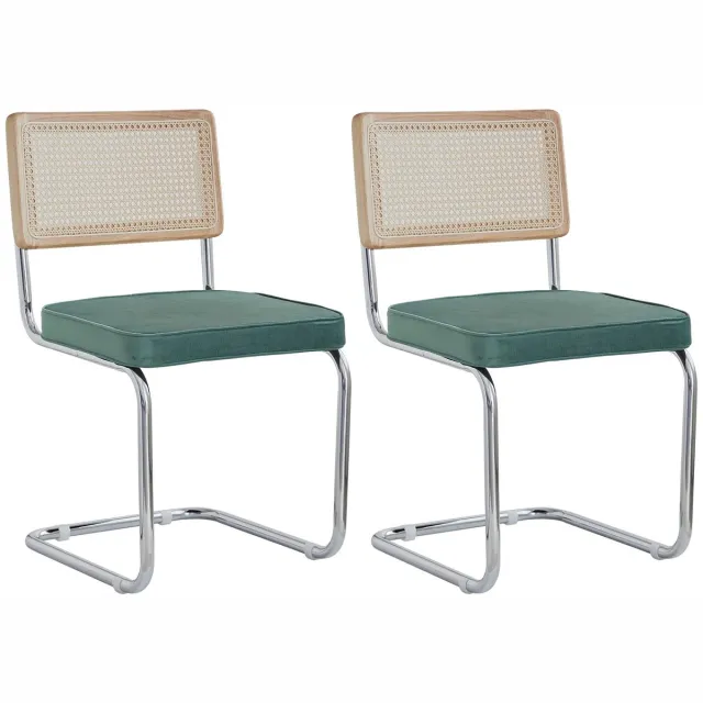 Nyoz retro eetkamerstoelen - Stoelen - Eetstoel - Stoel - Set van 2 - Vintage - Rotan rugleuning - Groene zitting - Tot 120 kg