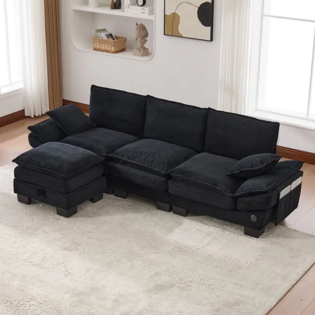 MIVRAY Hoekbank 260 x 132 cm - 3-Zits Met Hocker, Usb C Aansluiting En Zijvakken - Voor Woonkamer - Corduroy Zwart Zwart, 3-zitsbank
