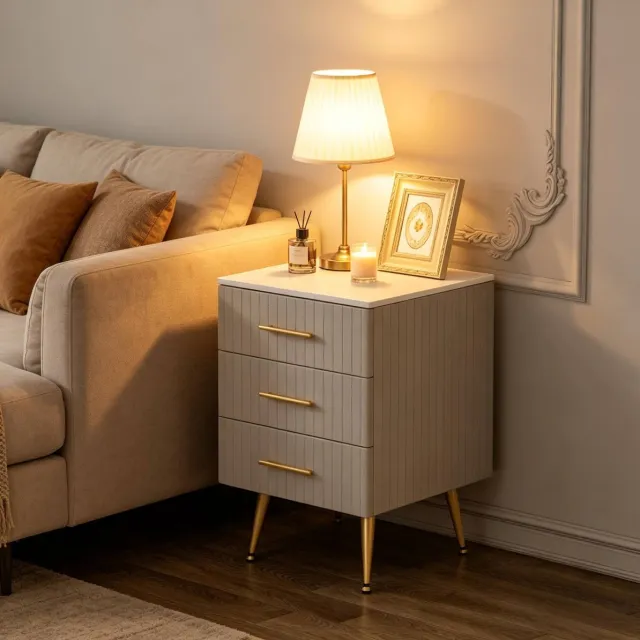 MODENUIT Bedtafel 40,5 x 41 x 60 cm - 3 Lades - MDF - Grijs - Marmerlook - Met Metalen Poten