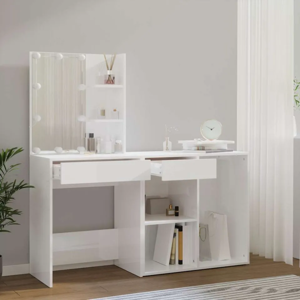 vidaXL Kaptafel met kastje en LED's bewerkt hout wit, foto 3