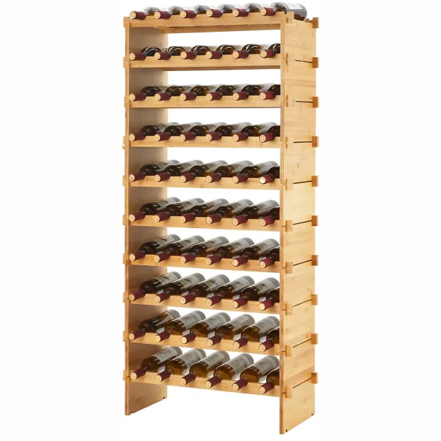 Happiq Modulair Wijnrek - Voor keuken, woonkamer of wijnkelder - Stapelbare 8/10-laags wijnopslag en presentatie - Bamboe - 10-Tier Natural
