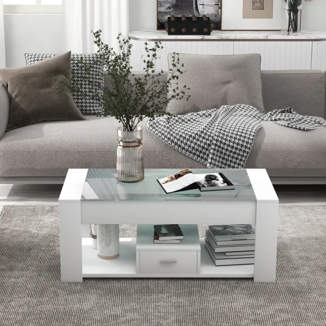 REDOM Salontafel 100x50x40 cm van spaanplaat met glazen blad, met lades Wit