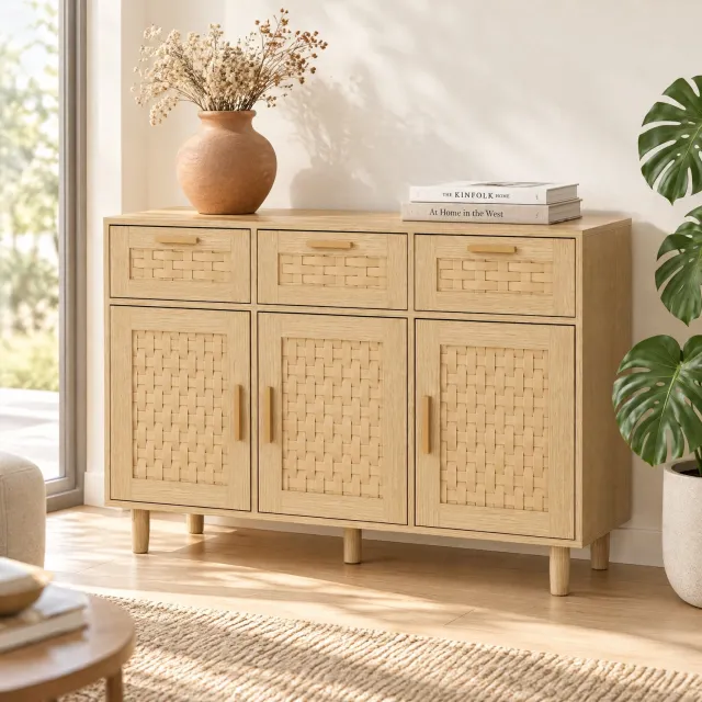 ROSAHQNDA Dressoir 107,9x40x80 cm - Opbergkast met 3 Deuren en 3 Lades - Rotanlook Design - Buffetkast voor Woonkamer, Eetkamer en Slaapkamer - Natuurlijke Houtkleur licht hout